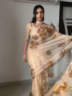 READY TO WEAR SAREE- pure soft Organza silk with beautiful chiku colour deer and flowers design on pallu and full body design Ready To Wear saree