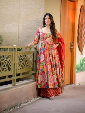 Anarkali- pure Soft chex cotton printed Anarkali huge flair suit Anarkali With Printed Dupatta