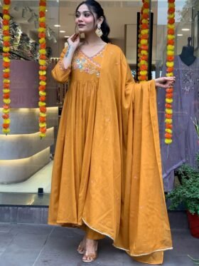 Kurti Pant And Dupatta-Viscose Chanderi Fabrics And Embroidery Work Kurti