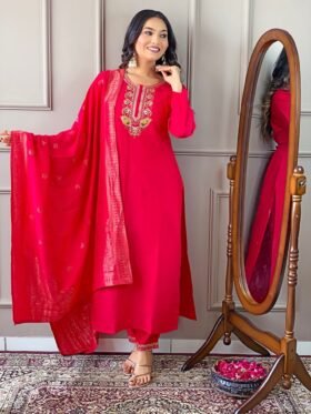Kurti Pant And Dupatta-Viscose Chanderi Fabrics And Embroidery Work Kurti
