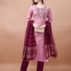 Kurti With Pant & Dupatta Set-Cotton Bland Fabrics And Embroidery Work Kurti