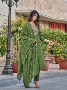 Kurti Pant And Dupatta Set-Chnaderi Fabrics And Heavy Embroidery Work Kurti With Nylon Chanderi Fabrics Dupatta