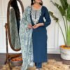 Kurti Pant And Dupatta Set - Slub Magic Fabrics And Embroidery Work Kurti With Poly Chanderi Fabrics Dupatta