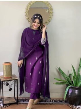 Kurti And Pant With Dupatta Set- Rayon Slub Fabrics And Embroidery Work Kurti With Chinon Fabrics Dupatta