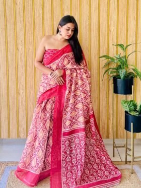 SAREE- Soft And flowy Linen silk cotton Fabrics Batik Shading Digital prints and pallu With cotton fumka tessels saree