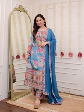 Kurti Plazzo And Dupatta Set -Satin Fabrics and palazzo Santoon with Nazmeen Dupatta with stone work Set